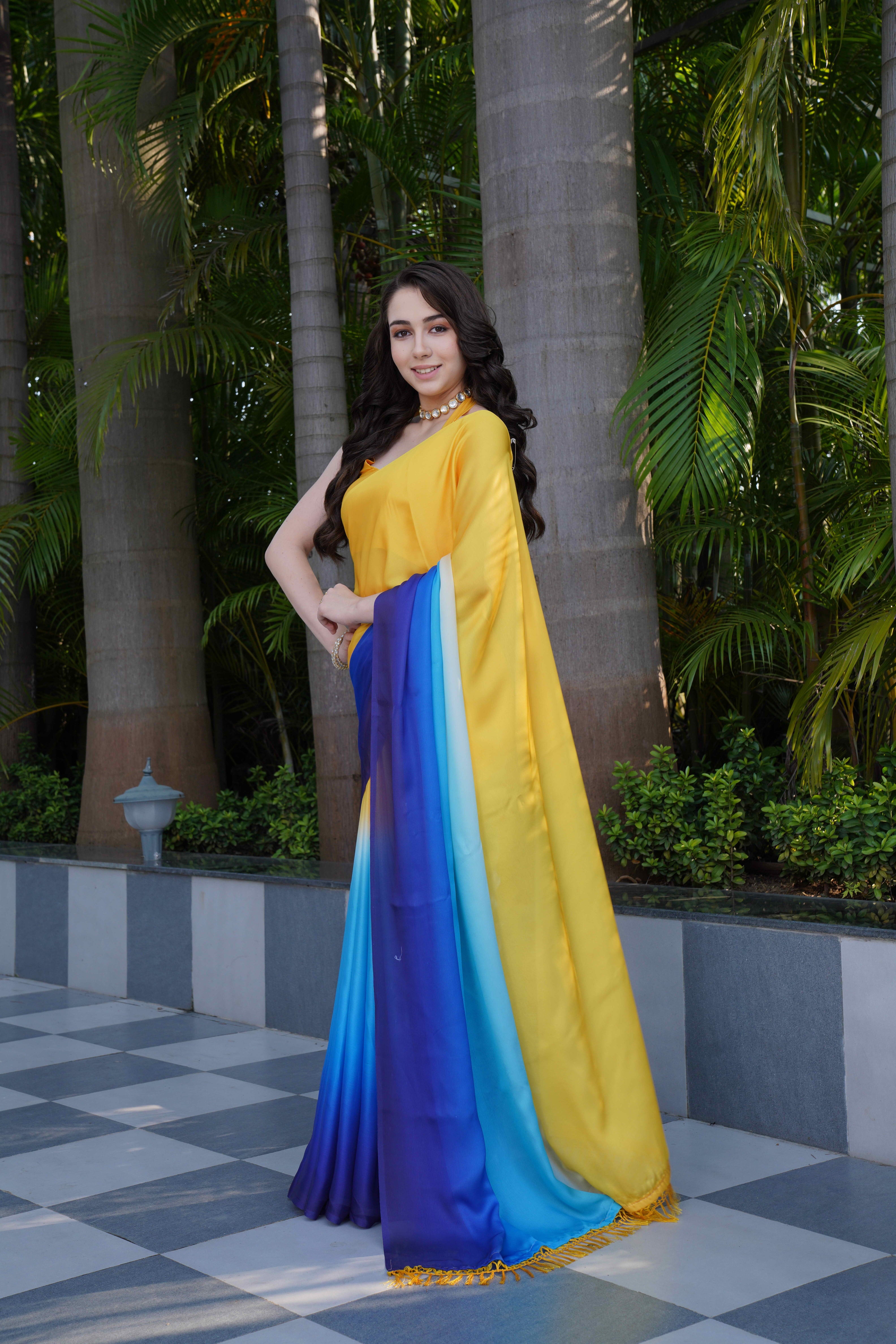 Yellow Blue Colour Block Georgette Saree